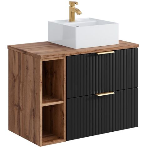 Meuble De Salle De Bain Suspendu Avec Vasque à Encastrer Et Colonne - Style Strié, Couleur Naturel Clair, 120 Cm - ZEVARA