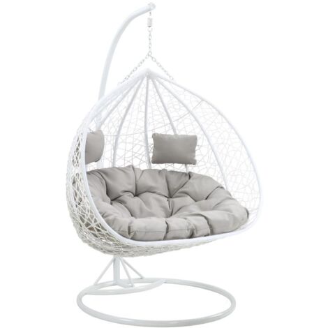 Fauteuil suspendu 2 places  en résine tressée - Blanc avec coussins gris - CAYAMBE de MYLIA