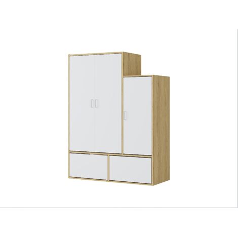 Vente-Unique – Armoire vestiaire 3 portes – 1 penderie et 2 compartiments chaussures – Blanc et naturel – Panneau de particule – Dimensions 120x130x50 cm (1/5)