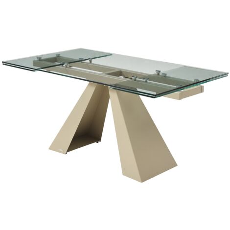 Table à manger extensible 6 à 10 personnes en verre trempé et métal beige - Transparent - LOZIPA de Maison Céphy (1/5)