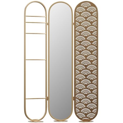 Paravent 3 Pans Avec Miroir Style Art Déco - Doré, Métal, Porte-serviettes Intégré