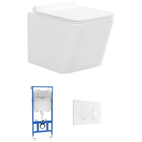 Pack WC suspendu blanc avec bâti-support et plaque de déclenchement blanche ronde - CLEMONA (1/5)