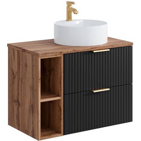 Meuble de salle de bain suspendu strié avec niches et vasque à poser ronde - Noir et naturel clair - L80 cm - ZEVARA