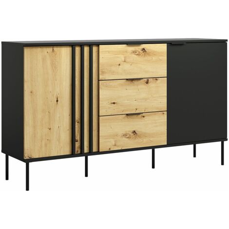 Buffet avec 2 portes et 3 tiroirs - Noir et naturel - TUNALO (1/3)