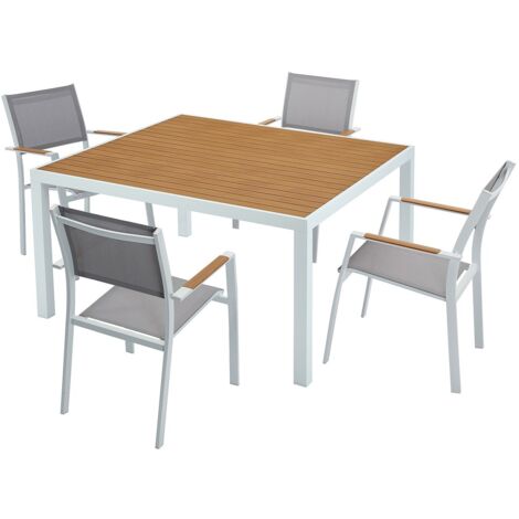 Salle à manger de jardin en aluminium : une table carrée L.140 cm et 4 fauteuils empilables - Naturel clair et gris - MACILA de MYLIA (1/5)