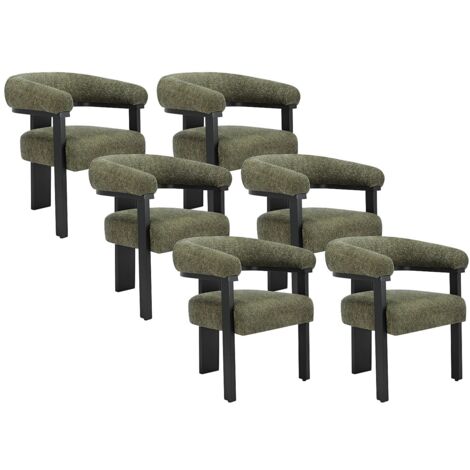 Lot de 6 chaises avec accoudoirs en tissu bouclette et bois d'hévéa noir - Kaki - LIVELIA de Pascal MORABITO (1/5)