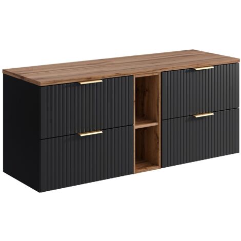 Meuble sous vasque suspendu strié avec niches - Noir et naturel clair - L140 cm - ZEVARA