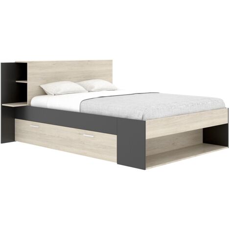 Lit 140 x 190 cm avec rangements - Coloris : Naturel et noir - KEROSIA (1/5)