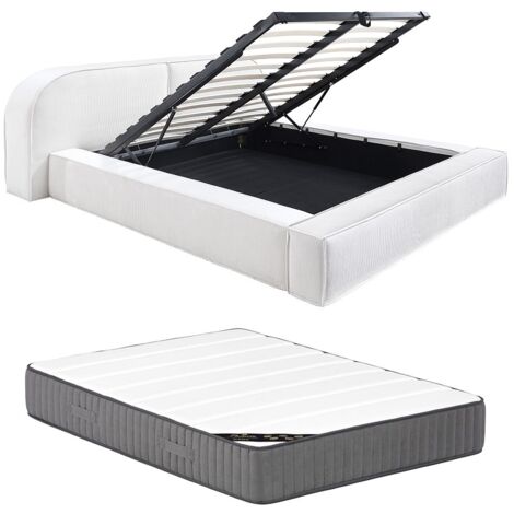Lit coffre 180 x 200 cm - Velours côtelé - Crème - Avec matelas - LIRABA de Maison Céphy (1/5)