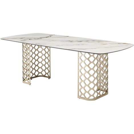 Vente-Unique – Table extensible 8 personnes en verre trempé et céramique – Effet marbre blanc et doré – Design unique avec pieds dorés (1/5)
