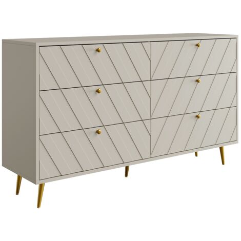 Commode 6 Tiroirs VUKIA Pascal Morabito - Design épuré Beige Et Doré, Dimensions 137.6x39.6x91 Cm - Montage Facile, Fabrication Européenne
