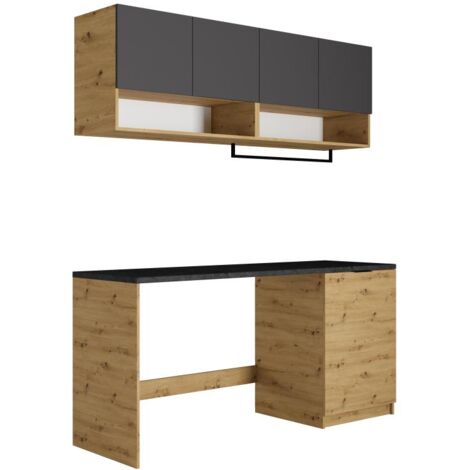 Vente-Unique – Meuble machine à laver avec plan de travail – L182 x P60 x H88 cm – Anthracite et naturel clair – 2 niches et porte-serviette