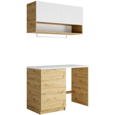 Vente-Unique – Meuble machine à laver avec plan de travail – L122 x P58 x H88 cm – Blanc et naturel clair – Installation réversible – 1 étagère intérieure