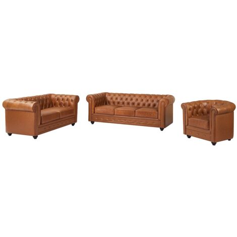 Canapé 3 places, 2 places et fauteuil en cuir de vachette camel CHESTERFIELD