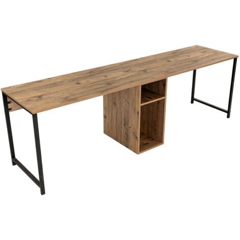 Cotecosy – Bureau droit double 240 cm avec rangements – Panneau mélaminé naturel et noir – 2 niches intégrées – Charge max 20 kg (1/10)
