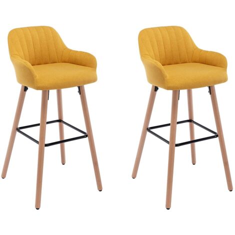 Lot de 2 tabourets de bar en tissu et pieds bois de hêtre - Jaune - ELEANA