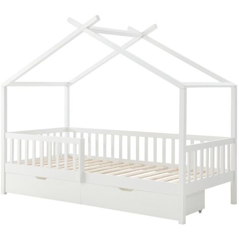 Lit cabane 90 x 190 cm avec tiroirs - Pin et MDF - Blanc - KIRALIO