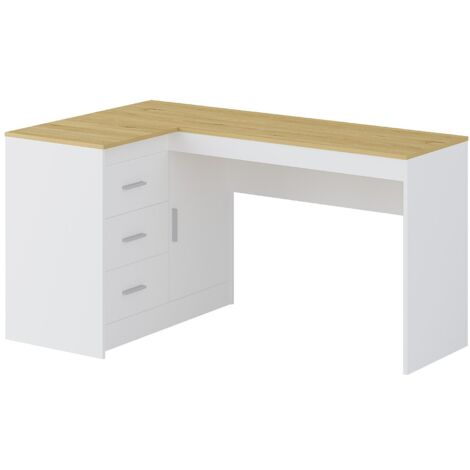 Vente-Unique – Bureau d'angle avec rangements – Longueur 140 cm – Hauteur 75 cm – Panneau de particule – 3 tiroirs et 1 porte battante (1/5)