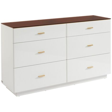 Commode 6 tiroirs - MDF et verre trempé - Blanc laqué et marron - MATIRINA (1/5)