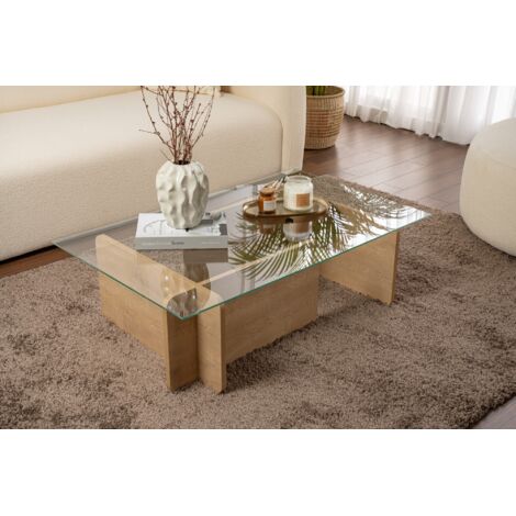Table basse fixe en verre trempé 105x65 cm – Naturel clair, transparent – Charge max 20 kg – Design sculptural pour intérieur