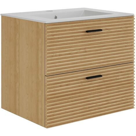 Meuble De Salle De Bain Suspendu ZEVARA - 60 Cm, Naturel Clair, Façade Striée - 2 Tiroirs Soft Close, Vasque à Encastrer