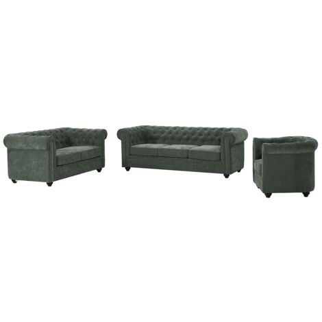 Canapés 3 places 2 places et un fauteuil en tissu vert CHESTERFIELD