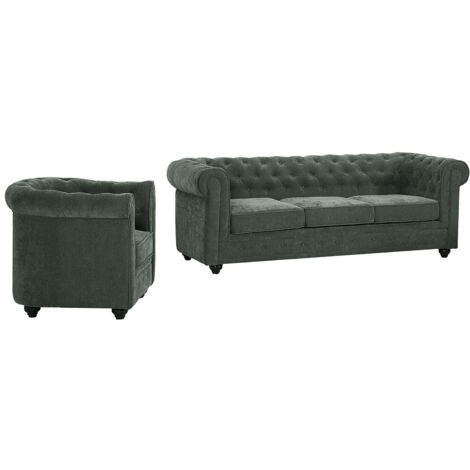 Canapé 3 places et fauteuil en tissu vert CHESTERFIELD