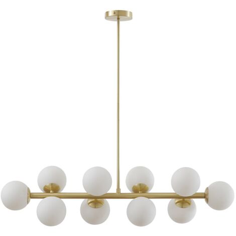 Lustre en métal et verre blanc - 10 globes - L. 94 x P. 23 x H. 88 cm - Doré - SOFIA (1/5)