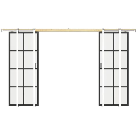 Porte coulissante double avec système à galandage en aluminium et verre trempé dépoli - 2 x H205 x L63 cm - WILDEN II (1/5)