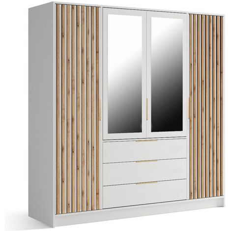 Vente-Unique – Armoire 4 portes 3 tiroirs avec miroir – Longueur 196 cm – Hauteur 200 cm – Panneau de particule mélaminé – Éco-responsable (1/5)