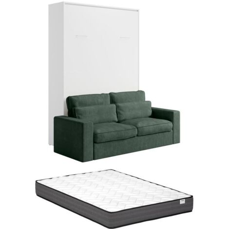 Lit escamotable 140 x 200 cm - Ouverture verticale manuelle - Blanc + Matelas + Canapé Vert - BEGANIO (1/5)