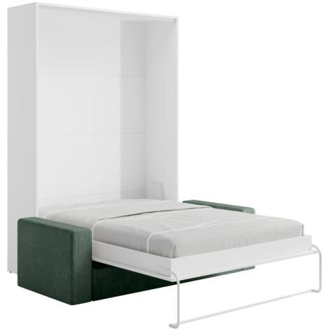 Lit escamotable 140 x 200 cm - Ouverture verticale manuelle - Blanc + Canapé Vert - BEGANIO (1/5)