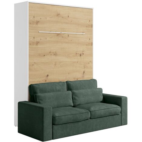 Lit escamotable 140 x 200 cm - Ouverture verticale manuelle - Avec LEDs - Blanc et naturel + Canapé en velours côtelé vert sapin - RAPILI (1/5)