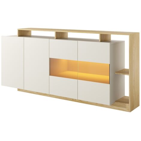 Vente-Unique – Buffet 4 portes 4 niches avec LEDs – Beige et naturel clair – Panneau de particule et verre trempé – Charge max 50 kg – Dimensions 200x92.8x43.6 cm