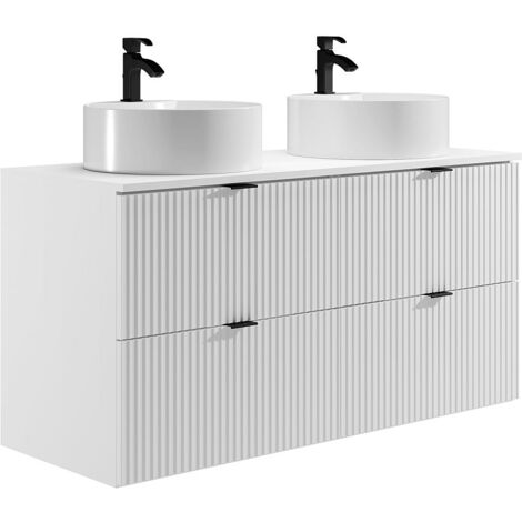 Meuble de salle de bain suspendu strié avec vasque à poser ronde - Blanc mat - 120 cm - ZEVINI (1/5)