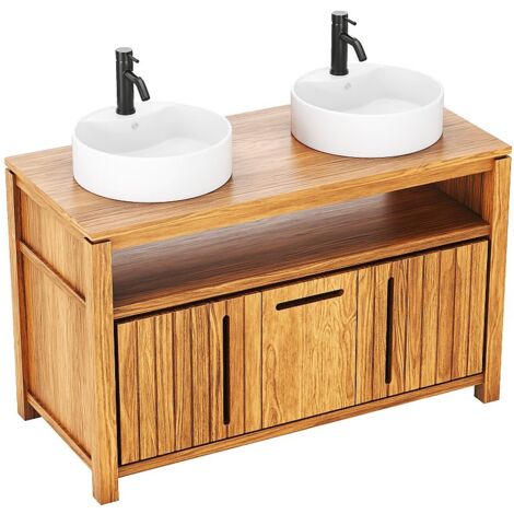 Meuble de salle de bain en teck clair avec double vasque ronde - 120 cm - SARATOK (1/5)