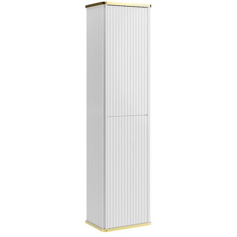 Colonne de salle de bain suspendue striée liseré doré - Blanc - H140 cm - KELIZA