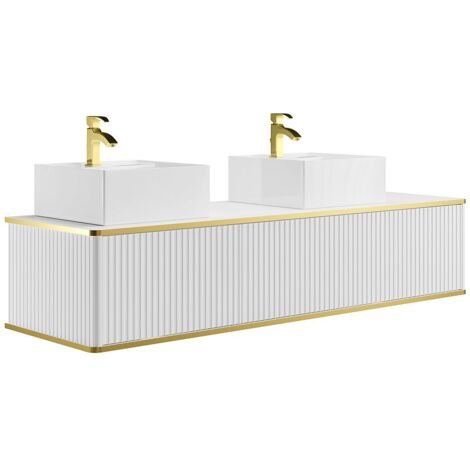 Meuble de salle de bain suspendu strié liseré doré 2 tiroirs avec double vasque à poser carrée - Blanc - 150 cm - KELIZA
