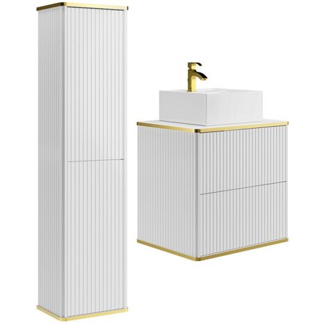 Meuble Salle De Bain Suspendu KELIZA 120 Cm - Double Vasque Ronde, Colonne, 4 Tiroirs - Blanc Strié