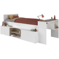Lit combiné enfant avec rangements et bureau – 90 x 200 cm – Décor blanc et chêne – Grand rangement latéral – Marche intégrée pour sécurité – Parisot