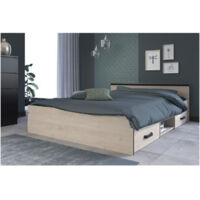Les Tendances – Lit avec rangements 140 x 190 cm – 2 tiroirs coulissants – Niche réversible – Panneau mélaminé naturel – Éco-responsable fabriqué en France