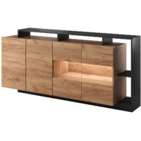 Vente-Unique – Buffet 4 portes et 4 niches avec LEDs – Naturel clair et gris anthracite – Panneau de particule et verre trempé – Éco-responsable fabriqué en Europe