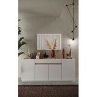 Calicosy – Buffet 4 portes 1 tiroir – Blanc laqué et bois naturel – Dimensions 205x87x40 cm – Éco-responsable fabriqué en Europe