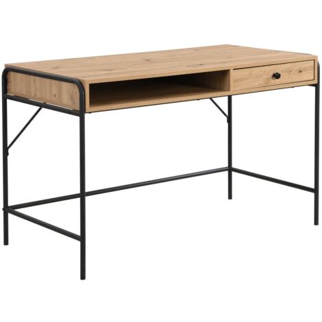 Schreibtisch mit 1 Schublade & 1 Ablagefach - MDF & Metall - Holzfarben & Schwarz - LAROFI