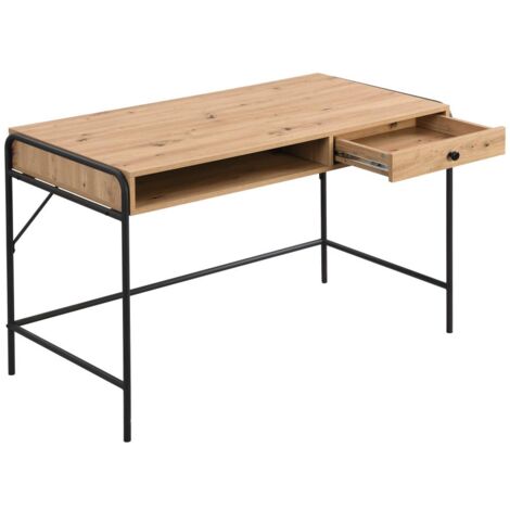 Schreibtisch mit 1 Schublade & 1 Ablagefach - MDF & Metall - Holzfarben & Schwarz - LAROFI