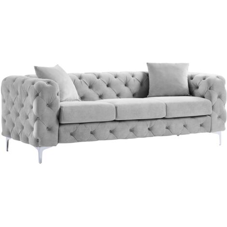 Vente-unique Chesterfield Sofa 3-Sitzer & Sessel Edwina – Hellgrauer Samt, Metallfüße, Klassisches Design