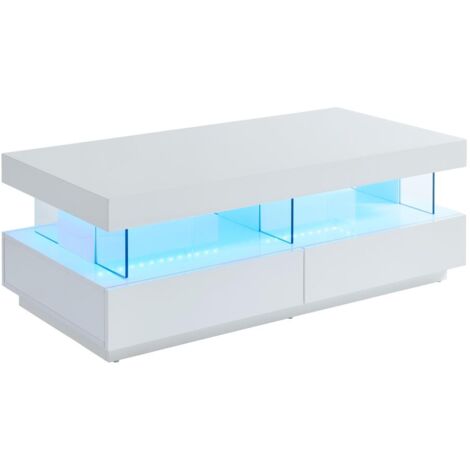 Moderner Couchtisch Hochglanz Weiß Mit LED Beleuchtung - 115x55cm
