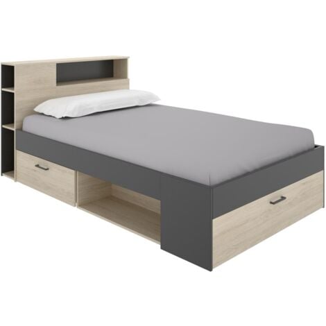 Cama con cabecero, almacenamiento y cajones - 120 x 190 cm - Color: natural y antracita - LEANDRE