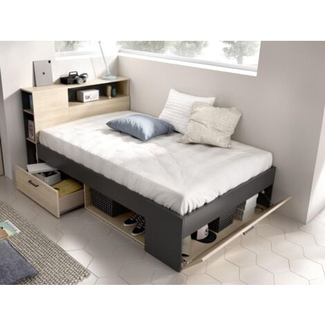 Cama con cabecero, almacenamiento y cajones - 120 x 190 cm - Color: natural y antracita - LEANDRE