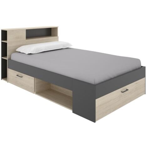 Cama con cabecero, almacenamiento y cajones - 120 x 190 cm - Color: natural y antracita - LEANDRE